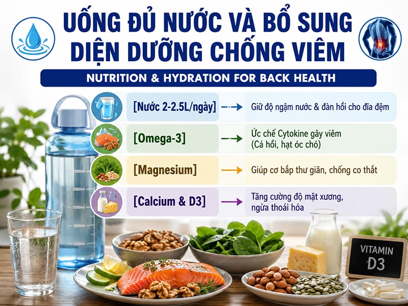 Uống đủ nước và bổ sung dinh dưỡng chống viêm giảm đau lưng